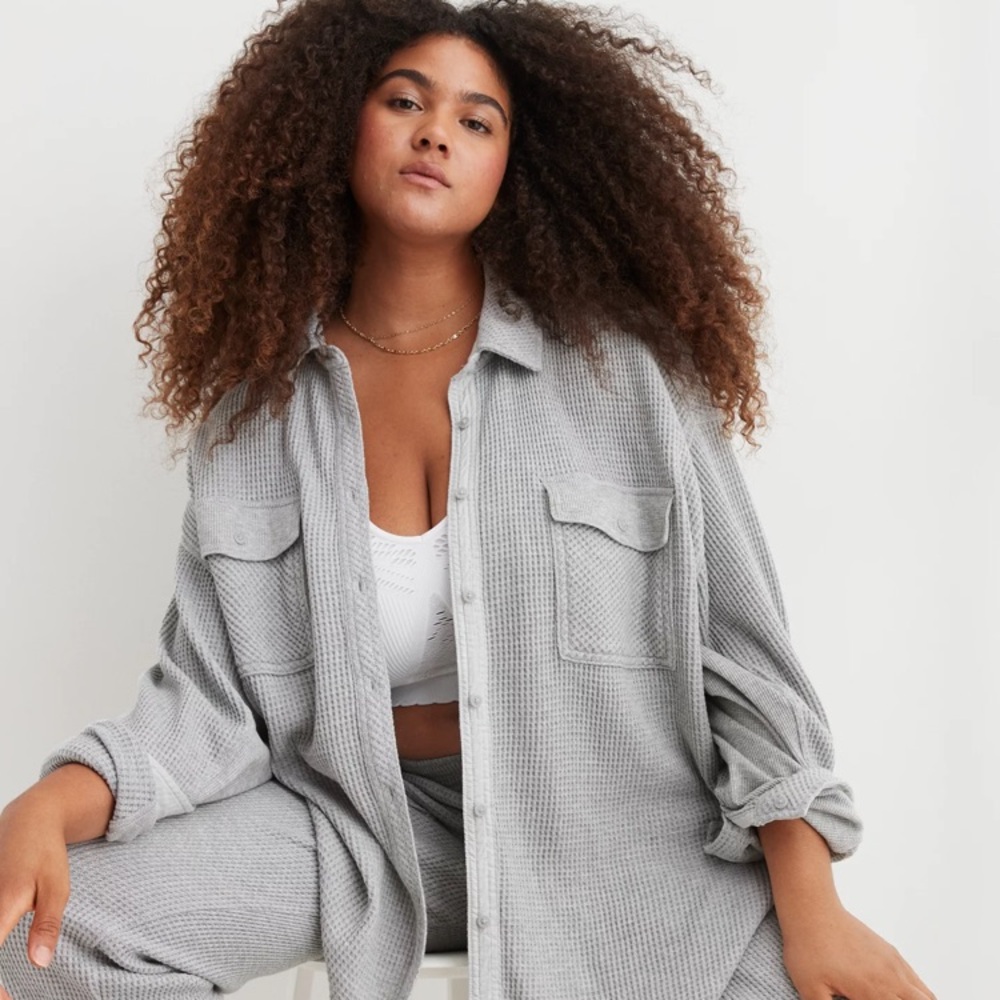 AERIE |  Lumberjack waffle knit oversized jacket gray with black buttons